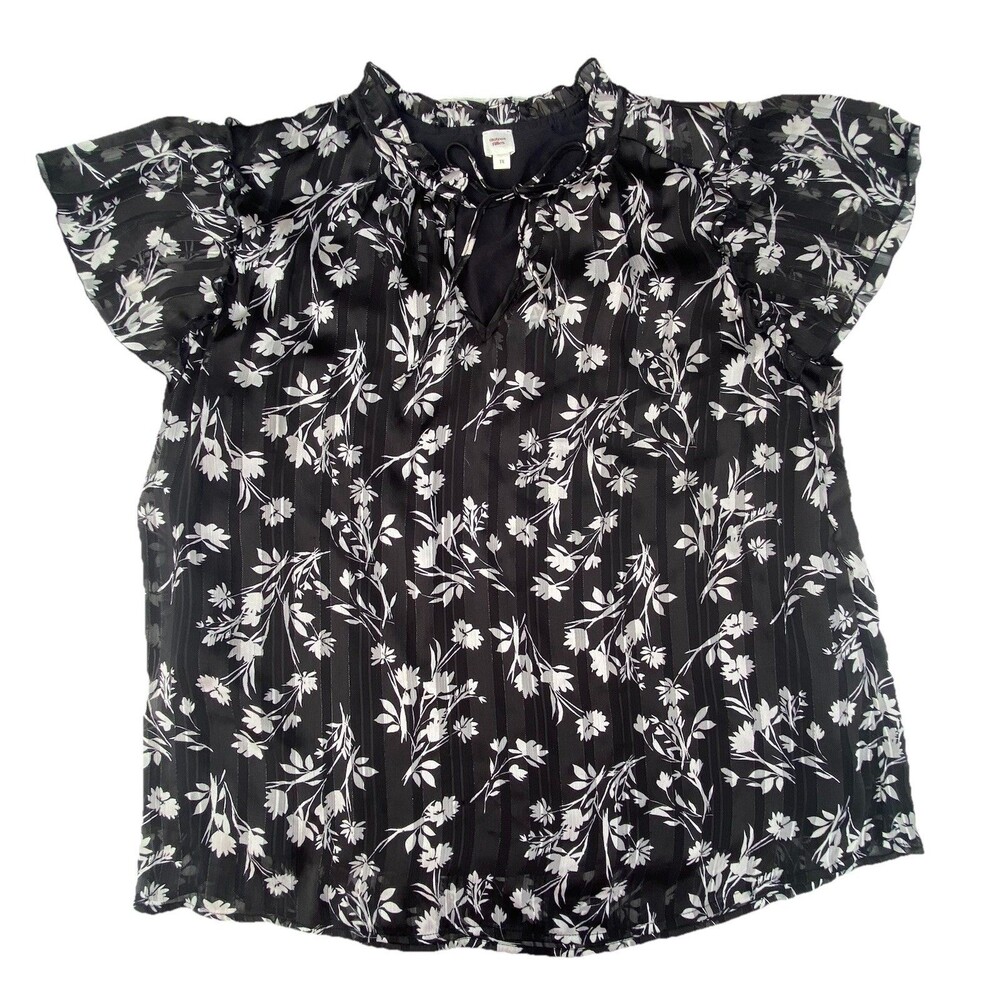 Autres Filles Blouse Womens 1X Black Floral Sheer Ruffle Sleeve Top